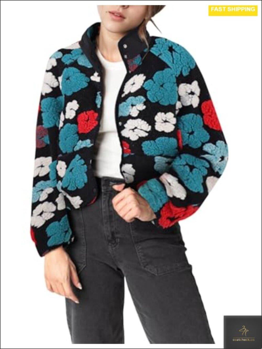 Floral Fleece Button Down Shacket Sherpa Jacket Coat